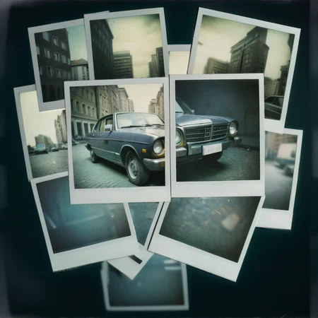 poluzzle old car in city, polaroid photos, cinematic, dark atmosphere <lora:poluzlle:1>