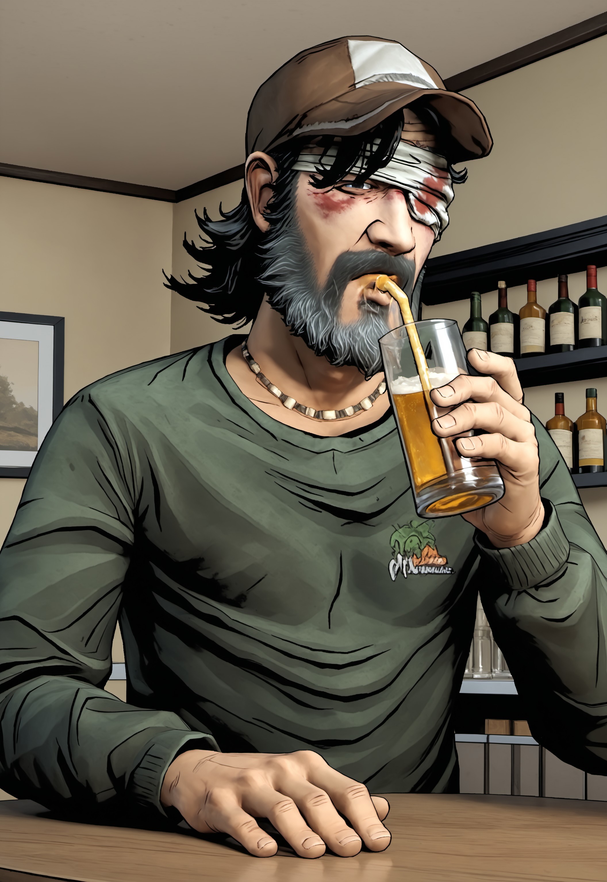 safe_pos, safe_pos, safe_pos, score_9, score_8_up, rating_nsfw, ultra hd, absurdres, best quality, masterpiece, masculine, solo, 1male, male focus, best anatomy, best eyes, best hands, sexiest man alive, erotic, gay porn, hand with five fingers, mature male,

TWDGKennyS2, TWDGKennyBeard, TWDGKennyHat, TWDGKennyEyePatch, facial hair, necklace, hat, green shirt, drinking alcohol, bottle, dutch angle, ski lodge background