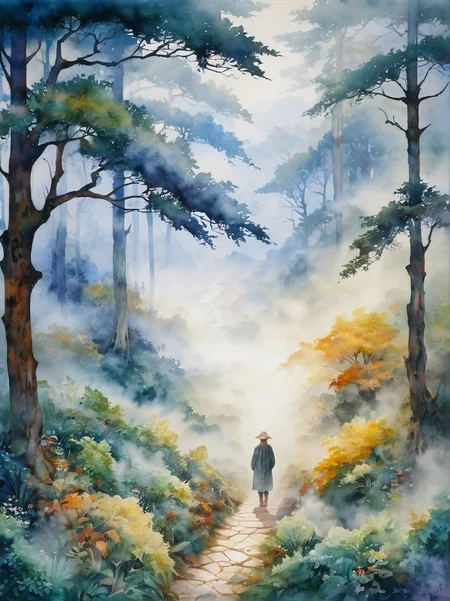 masterpiece, best quality, Illusory Fog: A dense, enchanted fog appears, causing anyone in it to see visions from their past or future.
,mosaic watercolor
,anime