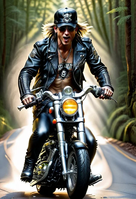 "Ultra realistic with high quality and ultra detail with excellent focus and contrast, balanced colors of an image of a rock metal man posing as a rocker, rocker leather jacket and rocker leather hat, on a Harry Davidson motorcycle, dynamics and movement in the image, forest road, movement and dynamics of the image, illumination golden hour, sunset, flooding sun