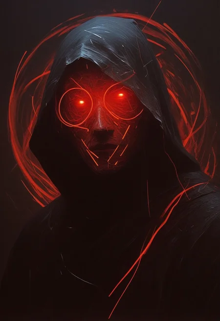 ((((abstract shapes)))), darkness, evening,((contemporary surrealism)), by Caspar David Friedrich, thick brush strokes, a dark hooded figure, wearing a glowing mask, black robes, face obscured, abstract composition, asymmetric, dark, red glow, (streaks), circles, black background, abstract film grain, messy composition, (long exposure)