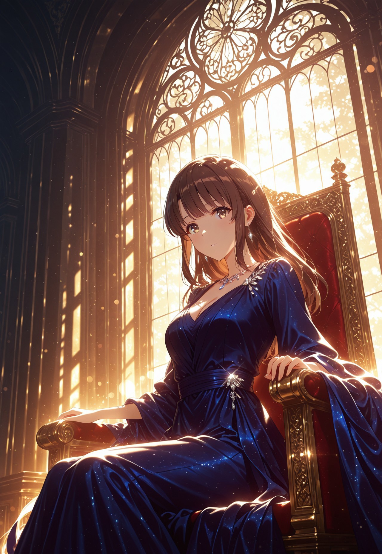 safe_pos, safe_pos, 1girl, solo, Megumi <lora:IL-KatoMegumi:0.8>,brown hair,katou megumi,brown eyes,medium breasts,long hair,

grand throne room, sitting on throne, luxurious gown with intricate details, cleavage, flowing fabric, jewelry, glass windows in the background, serene aura, looking at viewer,

dynamic angle, (close-up shot), cinematic framing, (digital painting:0.8), auralora, (aura:0.2), mythp0rt, bokeh, (luminescent background:0.8),

elegant, masterpiece, best quality, highly detailed, high contrast, dramatic shadows, raytracing,((detailed eyes))