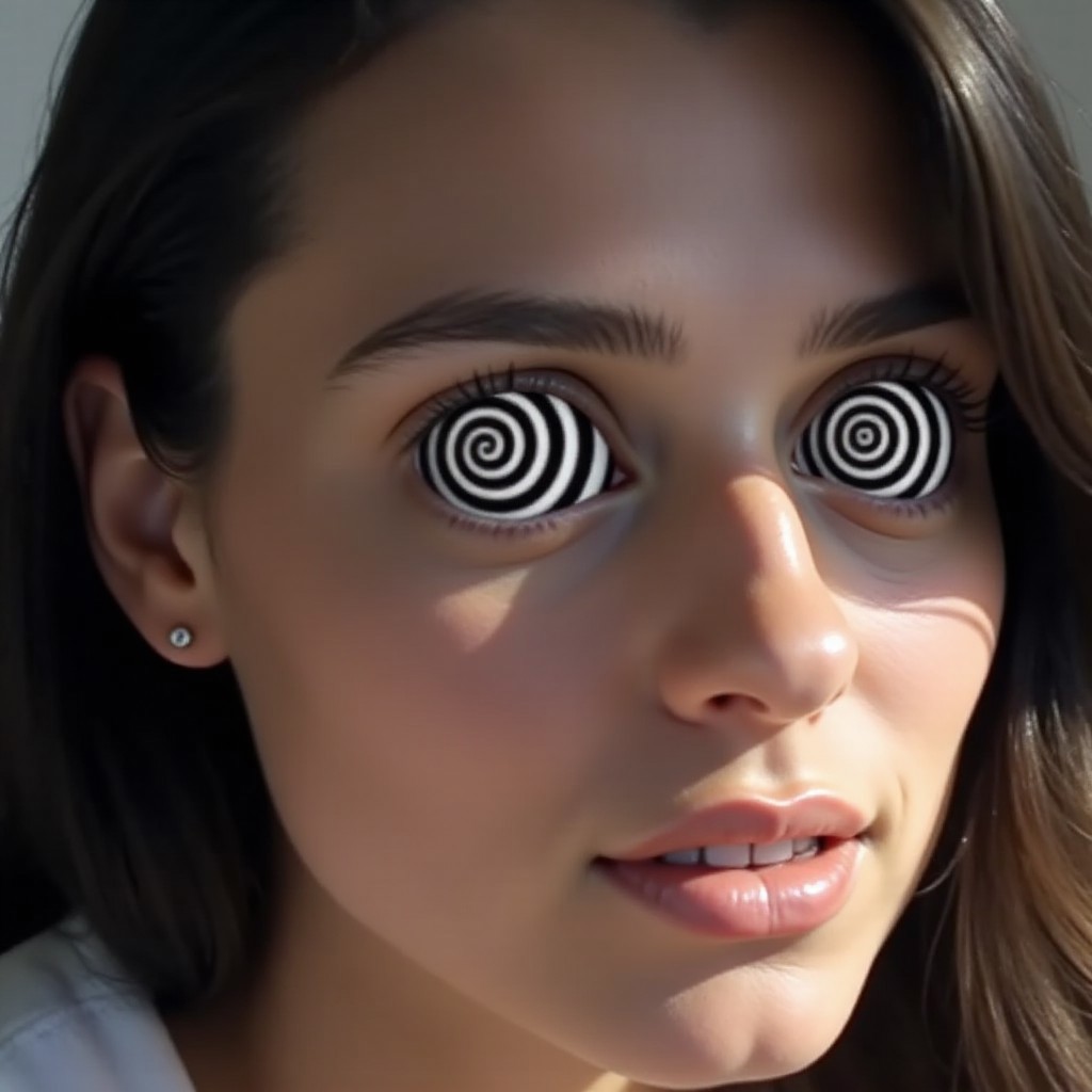 dominating the frame, realspiralf. The image is a photograph focusing on the eyes of a woman with spiral eyes. The pupil is replaced with a black and white spirals. This ultrarealistic composition focuses on the hypnosis and beauty of the entranced woman. realspiralf, d1g1cam