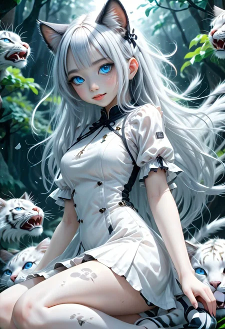 (((Japanese style, blue eye lenses))), cat y((((smile, artist, bad cat girl))). The result is a rebellious, hyper-realistic 4K full-body painting of a young anime girl with Japanese features, striking blue eyes, long white hair and a smiling expression. This intricately detailed illustration, inspired by Carne Griffiths and Wadim Kashin, wears a gothic white dress and white heels. (((She is riding on a tiger the tiger))). Fisheye angle. very beautiful. At midnight. Glowing Mushroom Forest uses cinematic effects, spotlights, glow and bioluminescence to inject elements of glamor, realism and gritty aesthetics. Capture beautiful girls. Composites rendered in 3D using the Octane renderer,