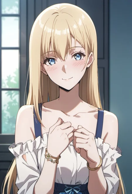 score_9, score_8_up, score_7_up, source_anime,roxy hart, blonde hair, long hair, blue eyes, 1girl, solo, smile, blush, jewelry, looking at viewer, bracelet, collarbone, bare shoulders, holding