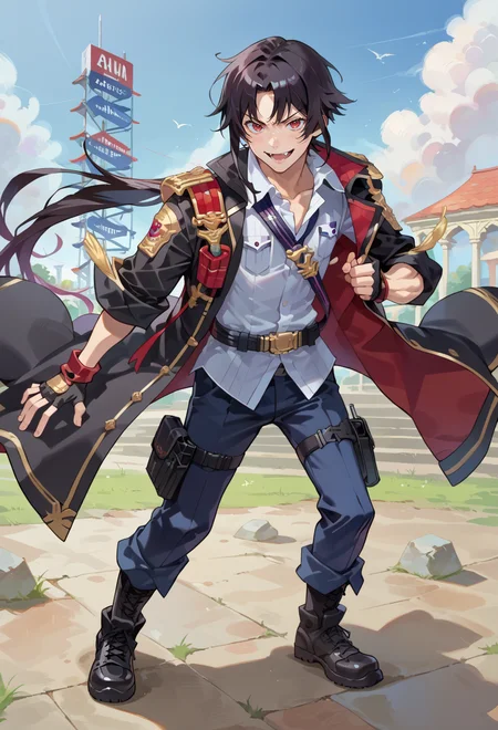 score_9, score_7_up, source_anime, BREAK  <lora:Taiki Dendro:0.9> taiki, art,, solo, smug smile, 
1boy, red eyes, tsurime, black hair, parted bangs, hair intakes, ponytail, short hair with long locks, very long bangs, fang,, jacket on shoulders, black coat, dress shirt, sleeves rolled up, fingerless gloves, pants, belt, multiple belts, combat boots, shoulder holster, chest belt,