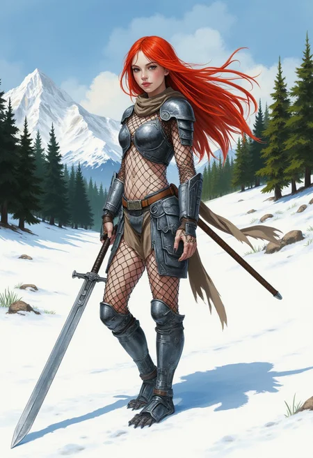watercolor anime style painting  of a 23 year old woman with pale skin and long red hair blowing in the wind, wearing heavy yautja armor, full body net body suit, in one hand she is holding the hilt of a very long sword that is stuck in the ground next to her, snowy landscape with a dark forest in the distance