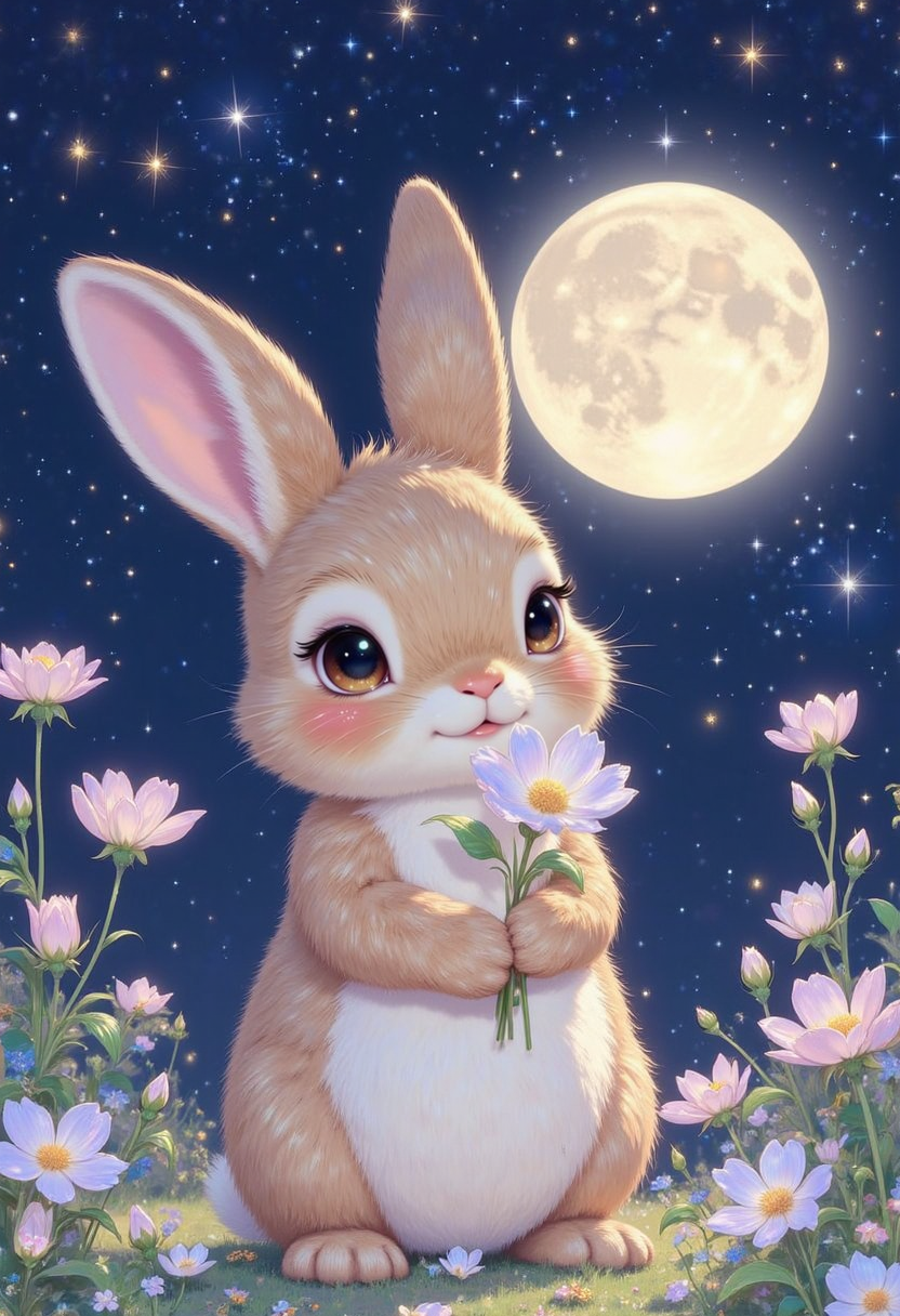 pinkprismaticglow,  Create a whimsical illustration of a rabbit holding a delicate flower in a serene nighttime setting, with a luminous full moon casting a silver glow in the background, amidst a dark blue sky speckled with twinkling stars, and the rabbit's gentle features illuminated by the soft moonlight, its fur a warm sandy brown, and the flower a soft pastel pink, with the entire scene bathed in a warm, dreamy light.