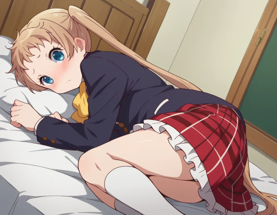 score_9, score_8_up, score_7_up, source_anime,
sanaedekomori, <lora:sanae-dekomori-s2-ponyxl-lora-nochekaiser:1>,
sanae dekomori, long hair, blue eyes, blonde hair, twintails, very long hair,
skirt, school uniform, jacket, plaid, kneehighs, plaid skirt, blazer, icho private high school uniform,
indoors, bed, bed room, on side, blush, drunk,
looking at viewer, cowboy shot, dutch angle, solo,