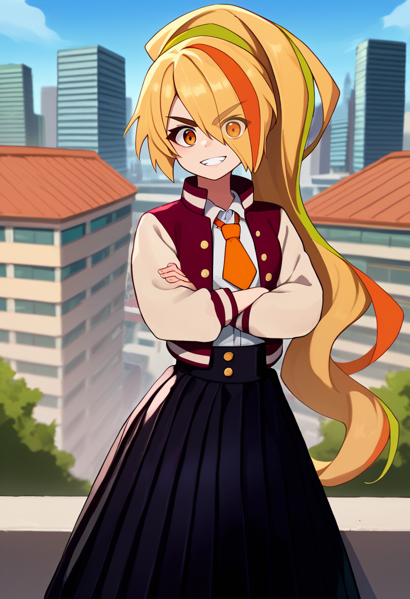 score_9, score_8_up, score_7_up, source_anime, solo, 1girl, nikaidodef, grin, looking at viewer, standing, crossed arms, hair over one eye, eyes visible through hair, ponytail, orange eyes, letterman jacket, open jacket, white shirt, collared shirt, orange necktie, long skirt, black skirt, high-waist skirt, pleated skirt, outdoors, rooftop, cityscape <lora:zombielandsaga_nikaidou_ponyXL:1>