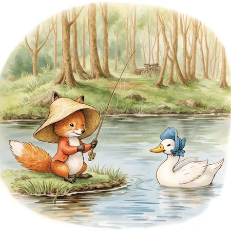 BPStyle, drawing, One little fox in straw hat fishing using a fishing rod in river, forest background, one swimming duck. BPStyle,  <lora:Beatrix_Potter_drawing_style_for_FLUX:0.9>