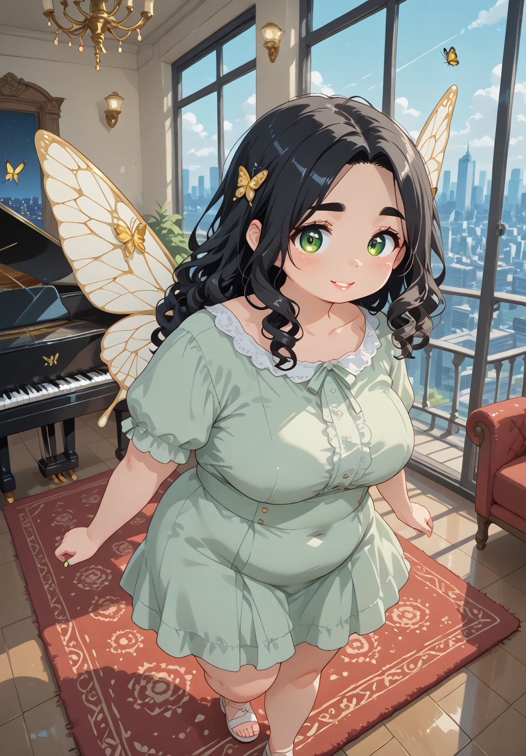 IllusP0s, PonyScores7, source_anime, ah1, IllustriousQual, interesting, exciting, spectacular, wonderful, amazing quality, absolutely eye-catching,
BREAK <lora:xl_more_art-full_v1:0.2>, <lora:aesthetic_anime_v1s:0.2>, <lora:detailxl:0.2>, detailxl, amazing quality, best aesthetic, absurdres, illustration, Volumetric_Lighting, ultra-detailed, very aesthetic, intricate details, best_quality, lazympos, <lora:Add_Details_v1.2:0.4>, <lora:quality_modifiers_masterpieces_v1:0.2>, anime style, <lora:HDA_Detailer:0.3>, <lora:natsumi_style:0.2>, <lora:by_usakun-pony:0.2>, by usakun, <lora:Akina_Bbw_Style_-_PonyXL:0.2>, AkinBw,
BREAK (((her fingertips release fluttering butterflies made of pure light wings shimmering))), dynamic pose, foreshortening, extreme perspective,
BREAK 1girl, mature female, (curvy), round-chin, caucasian, <lora:ETO_OC_Illustrius:0.5>, eto_oc, skindentation, (plump), thick thighs, wide hips, busty, voluptuous, round ass, large breasts, <lora:plussizegirls_IL:0.3>, <lora:plussizegirls_pony:0.3>, <lora:shinyskin2:0.2>, glistening skin, HDA_FatGirlXL, <lora:perfection style:0.2>, perfection style, perfection, 
BREAK ((light olive green dress with a flowing skirt paired with white sandals)),
BREAK (curly hair), long hair, (black hair:1.4), (parted hair:1.7), messy hair, kinky curls, detailed hair, <lora:hairdetailpxl:0.2>, hairdetailpxl,
BREAK (half green and brown eyes), (colorful eyes), (multicolored eyes), (downturned eyes:1.4), expressive eyes, perfect eyes, eyes hd, detailed eyes, (round face:1.2), (thick eyebrows:1.3), (plump face), lips, <lora:Round_face:0.2>,
BREAK (((staring expression))), Expressive, emotional, looking at viewer, Face Detailed, <lora:Expressive_H:0.2>, Expressiveh, <lora:Emotional_Anime_Expressions_PonyXL_Concept:0.2>, emotional, <lora:Best_Facial_Expression_LoRA_PONY:0.2>, looking at viewer, <lora:Detailed expressive EXEV style -XL Pony V1.0:0.2>, FaceDetail, <lora:Best_Facial_Expression_Helper_XTREME_ILLU:0.4>, kaogei,
BREAK (((luxury Penthouse, Lavish living area with floor-to-ceiling windows, designer furniture, marble fireplace, plush rugs, grand piano, a private balcony overlooking the city skyline))), (((Eye-level angle, waist focus))), 4k, 8k, Ultra HD, Masterpiece, Best quality, Detailed background, full_details, <lora:AddMicroDetails_Illustrious_v3:0.2>, addmicrodetails,
