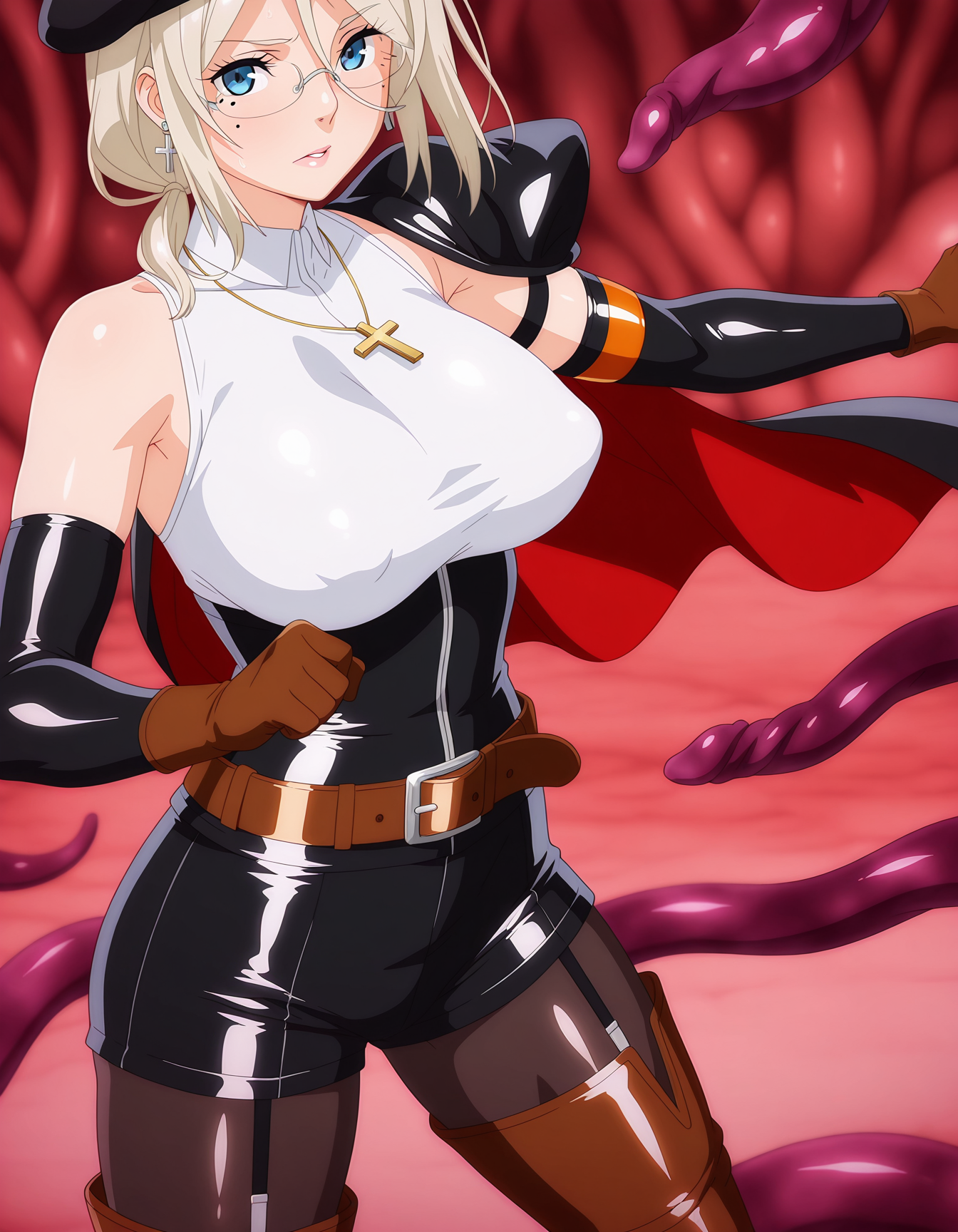 masterpiece,best quality,amazing quality,very aesthetic,high resolution,ultra detailed,perfect details,
<lora:mai_tk_rosalia:1.5>,mai_tk,tentacle pit, 
1girl,solo,anime screenshot,
mature female,short hair,platinum blonde hair,mole under eye,blue eyes,beautiful detailed eyes,larg breasts,oval face,glasses,
bare_shoulders,detached_sleeves,belt,black pantyhose,black garter belt,high heels,(black beret),earrings,cross necklace,pendant,neckerchief,elbow gloves,armband,black armlet,fighting_stance,shorts,cape,red color inner cape,(upper body,shoulder armor,left arm),(lower body,shorts),brown footwear,thigh boots,longeyelashes,white collared shirt,
full body,looking at viewer,