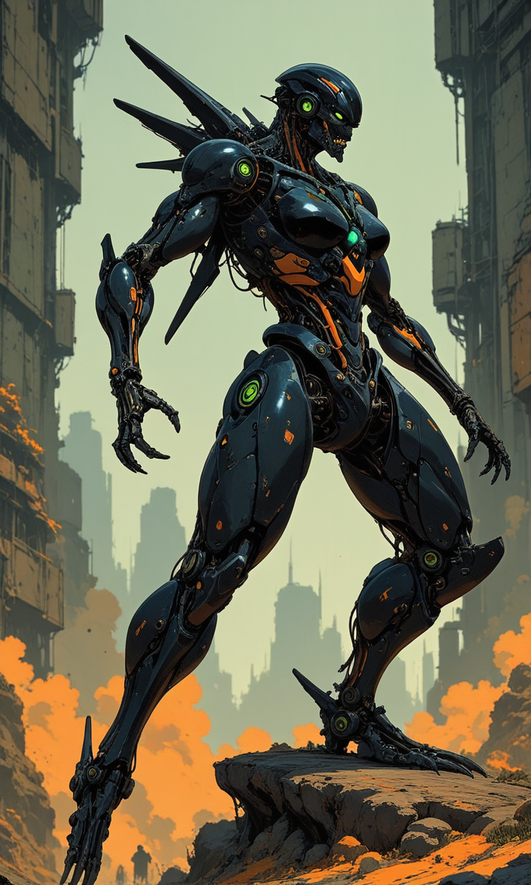 (hauntingly realistic photograph:1.2) of a skeletal mecha robot with a sleek black and orange design glowing green eyes and a dynamic pose, masterpiece, fine details, <lora:- iLL -PdJ_highres_counterweight _V1.0-step00007000:.8>, <lora:- iLL - the_edgy_mech_V2.0-step000013500:0.2> <lora:Illustrious:0.4>