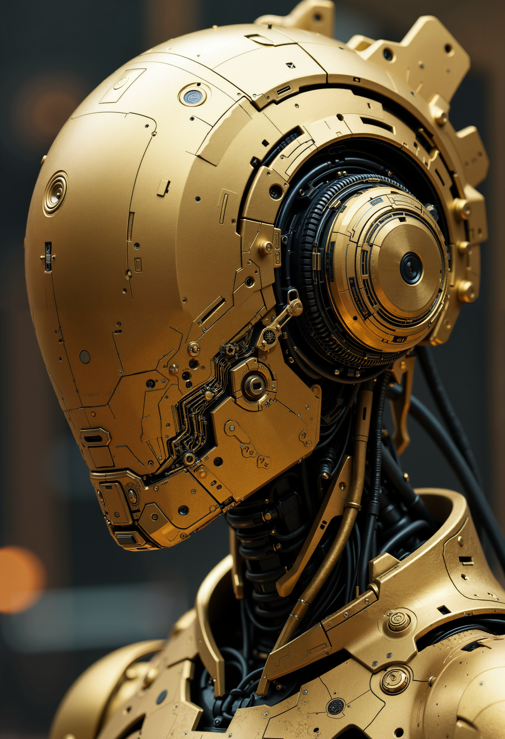 bo-golden, a futuristic, mechanical humanoid figure with a sleek, metallic head and intricate circuitry and gears<lora:boFLUX Golden Noir Abyss.safetensors:1.0:1.0>
