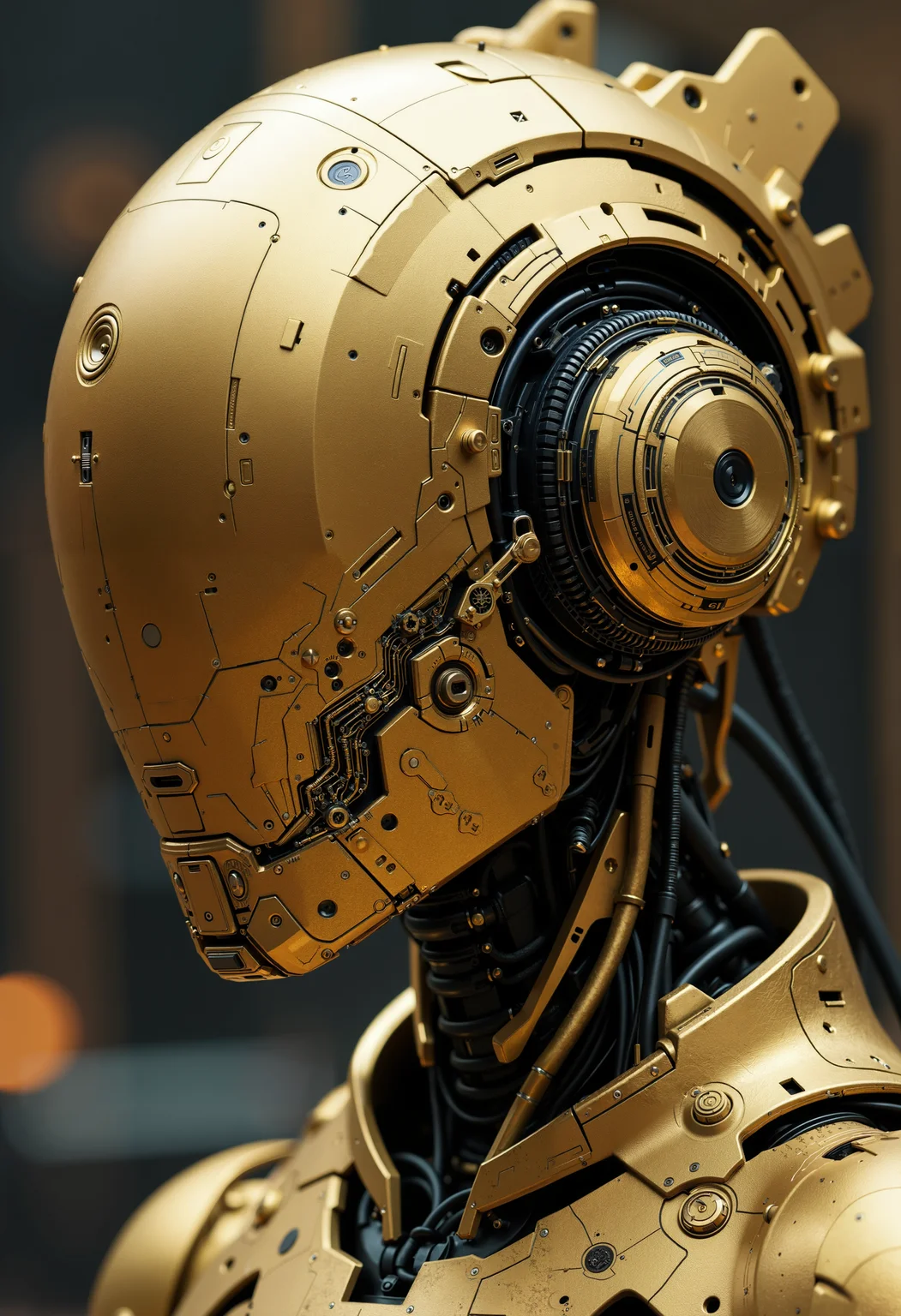 bo-golden, a futuristic, mechanical humanoid figure with a sleek, metallic head and intricate circuitry and gears<lora:boFLUX Golden Noir Abyss.safetensors:1.0:1.0>