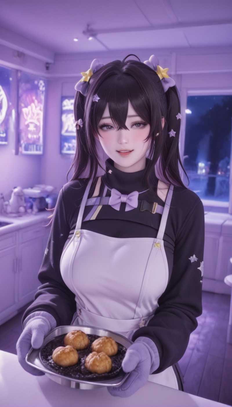 <lora:LCMTurboMix_Euler_A_fix:1> <lora:example_SDXL:0.3>, EZRealPONYXL, <lora:Dramatic Lighting Slider:3> <lora:realistic filter [IL]:1>
DSLR,realistic,cosplay photo, (very awa,masterpiece,best quality,year 2024,newest,absurdres,highres:1), realistic,skin texture,facial features, photography shot with Canon EOS 5D Mark IV , realistic, RAW, best quality, masterpiece, amazing quality, skin details,
1girl, highly detailed beautiful face, large natural breasts,
detailed background, shiny skin, dutch angle, night, moonlight,
beautiful detailed eyes, intricate details, absurdres, anime screencap,
<lora:Yumeno_Mirai_VTuber_ILXL_kill0825:1>
VTYumeMirai,long hair, large breasts, black hair, hair between eyes, purple eyes, ahoge, purple hair, multicolored hair, mole, streaked hair, mole under eye, gradient hair, antenna hair,
hair ornament, bow, jewelry, twintails, hair bow, star (symbol), mole, two side up, purple bow, star hair ornament, heart, hairclip, black bow, x hair ornament, heart hair ornament,
black shirt, white apron, pants, kitchen, open mouth, blush, smoke, looking to the side, tray of burnt food, bad food, oven mitts, flying sweatdrops, smile,