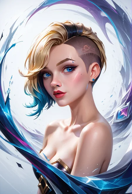 (1girl, solo, multicolored hair, , league of legends style, gwen stacy, blonde hair,undercut,blue eyes, Technoblade:1.3), a verdant overgrown The Glass Dome in Dali Museum, black velvet painting, masterpiece, best quality, high res, illustration, extremely detailed, 8k, wallpaper