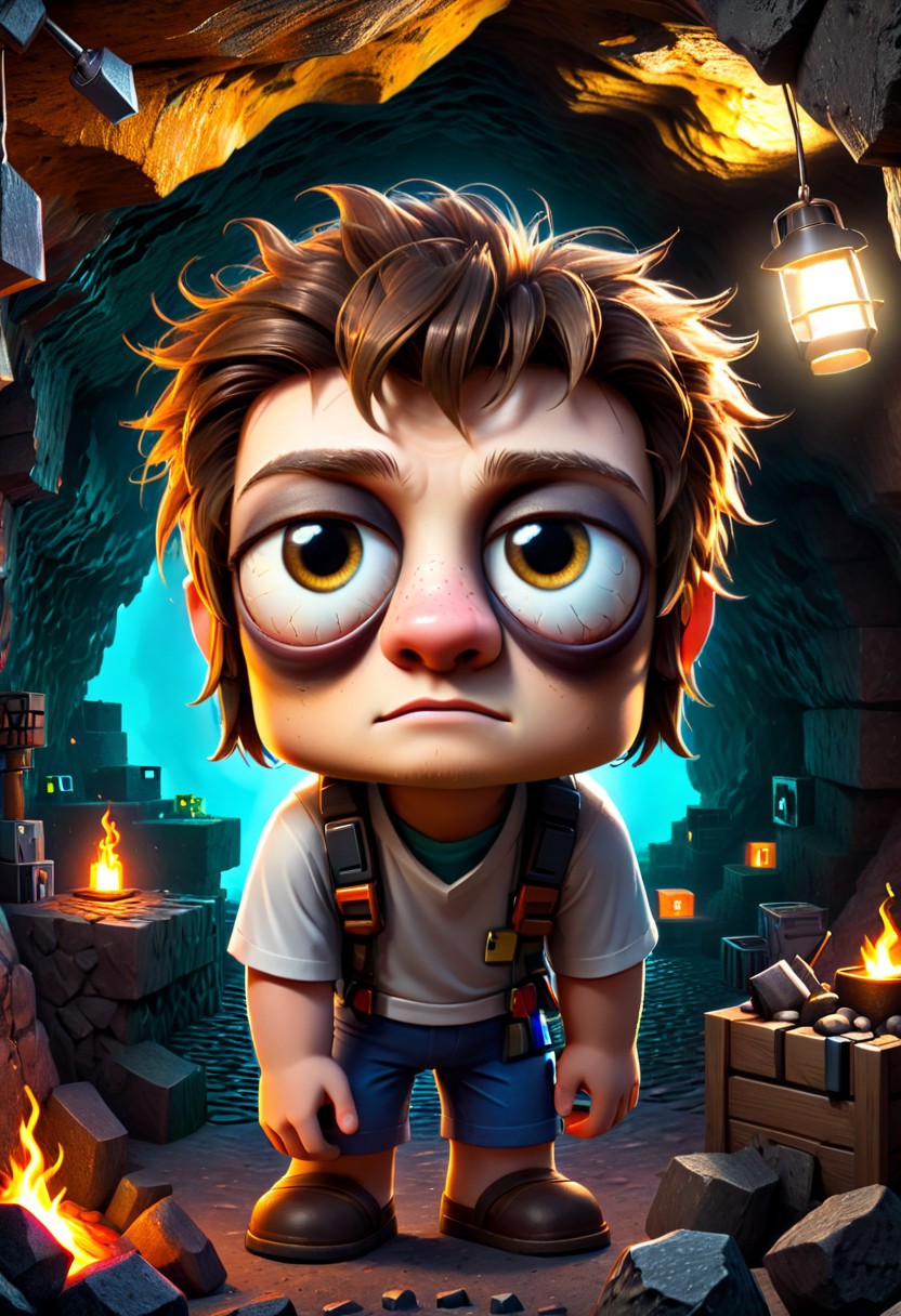 Mining tirelessly through a cave is Steve from minecraft with large eyes. tired, insomnia, (vibrant masterpiece, 32k, UHD, best resolution, perfect details, best quality, best details, best artist, sharp edges, detailed textures, full view, atmospheric lighting, visually stunning, perfect composition, immaculate visuals), DonM1ns0mn14XL