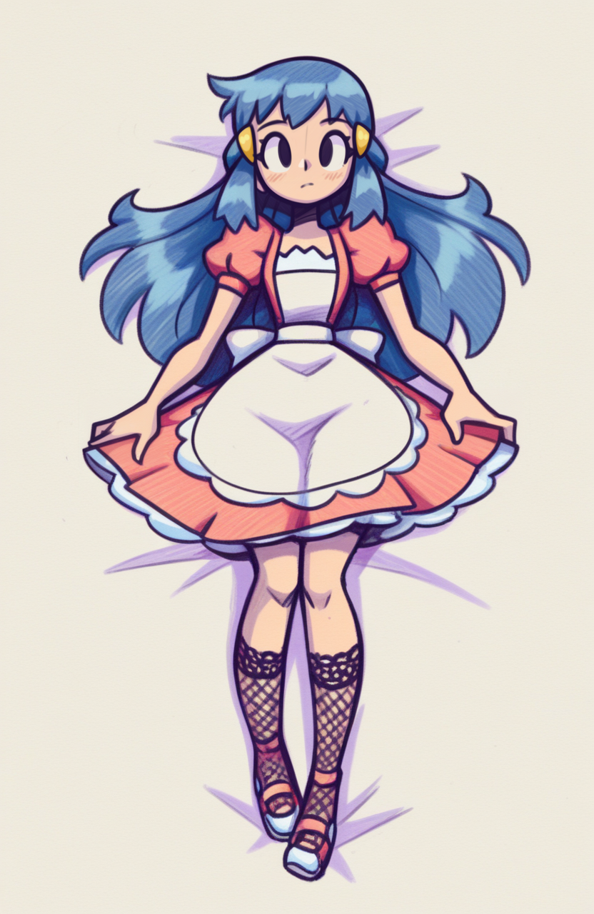 1girl, solo,
dawn \(pokemon\), blue hair, long hair, old-fashioned dress, puffy sleeves, apron layer, lace socks, shoes, bow, lying, face partially obscured, quiet gaze, cryptic expression, mysterious vibe,
<lora:shadowhawx95:1> shadhawx, traditional media, hatching \(texture\), sketch, extremely detailed, highres, masterpiece, best quality