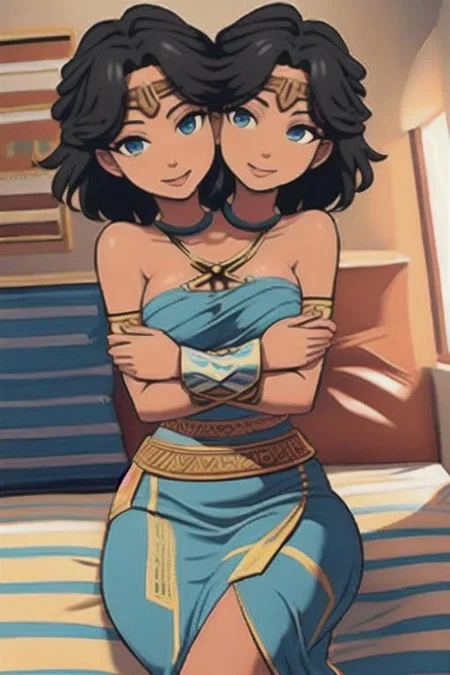 masterpiece, best quality, shorthair, black, darkskinnedfemale, <lora:conjoined_dicephalus:1>, (conjoined_twins, hugging, two heads:1.5), 1girl, masterpiece, best quality, peplos, greek clothes, blue eyes, dark skin, bare shoulders, earrings, flat chest, jewelry, solo, smile, bedroom <lora:WonderWoman:1.5> Sitting on bed, Hands on Lap
