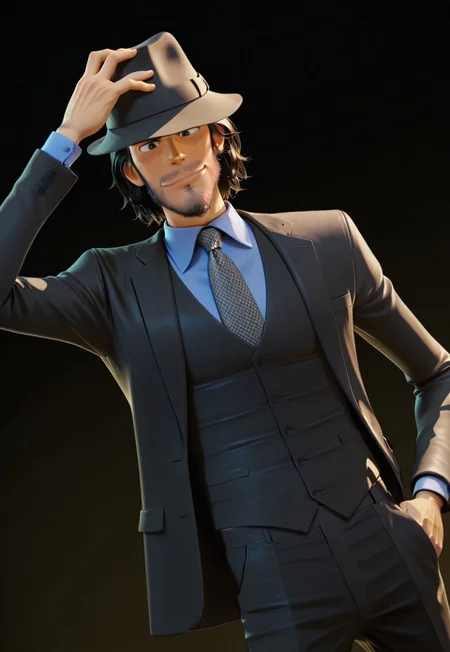 score_9, score_8_up, score_7_up, score_6_up, perfect anatomy, perfect proportions, best quality, masterpiece, high_resolution, high quality, best aesthetic, incredibly absurdres, highres, extremely detailed, huge filesize, solo male, adult, mature, masculine, manly, handsome, charming, alluring, standing, upper body, dutch angle, cowboy shot, perfect face, source_anime \(Lupin III: The First\), anime coloring \(Lupin III: The First\), LP3TFDaisuke, Daisuke Jigeni \(Lupin III: The First\), black hair, sideburns, facial hair, stubble, chinstrap beard, jawline beard, black eyes, eyes in shadow, LP3TFDaisuke_outfit01, black fedora, black three-piece suit, light blue collared shirt, necktie with a white dotted pattern, black vest, black blazer, black pants, black boots, low angle, from below, simple background, dark background, adjusting hat, hands on hat, hat removed, headwear removed, hair slicked back