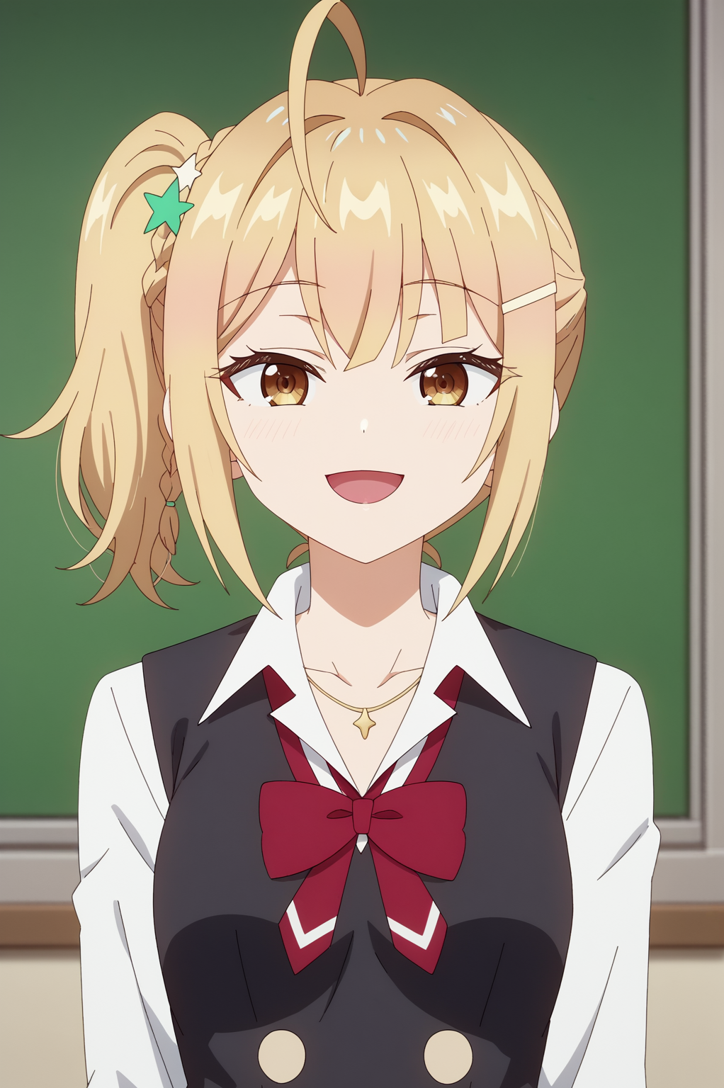<lora:rttt:0.8> Nonoa, solo, looking at viewer, smile, open mouth, shirt, blonde hair, hair ornament, jewelry, school uniform, collarbone, white shirt, ahoge, braid, collared shirt, hairclip, necklace, star \(symbol\), vest, side ponytail, blurry background, hair intakes, black vest, star hair ornament, gyaru, kogal, anime coloring