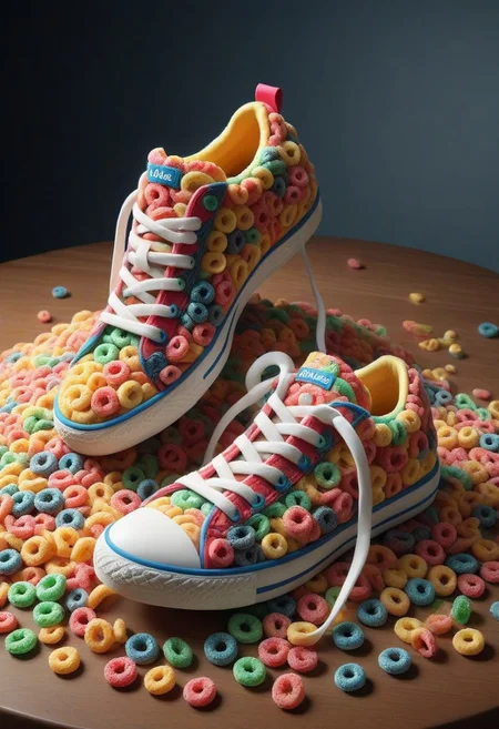 made of Fruit loops , epic picture of a pair of sneakers on a table, highly detailed, masterpiece, dramatic cinematic lighting, unforgettable, very intricate, high detail , photorealistic detail, ultra-realism , photorealistic,  ultra detailed ,octane render,    <lora:FruitLoopStyle_epoch_9:0.4>