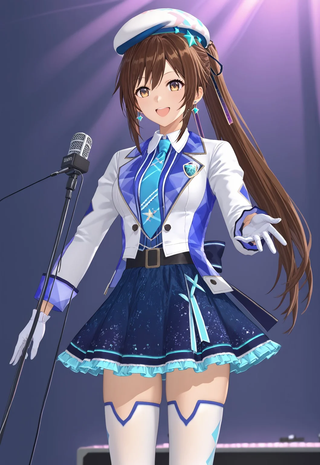 score_9, score_8_up, score_7_up, score_6_up, score_5_up, score_4_up, (source_anime:1.3),(masterpiece:1.3), (high quality:1.3),(1girl:reimi_idol,idol,brown hair, ponytail,long hair,beret,white jacket,gloves, thighhighs, boots, necktie, skirt, earrings, blue skirt,white gloves,have microphone,singing,smile),(stage:1.1),(cowboy shot:1.2),