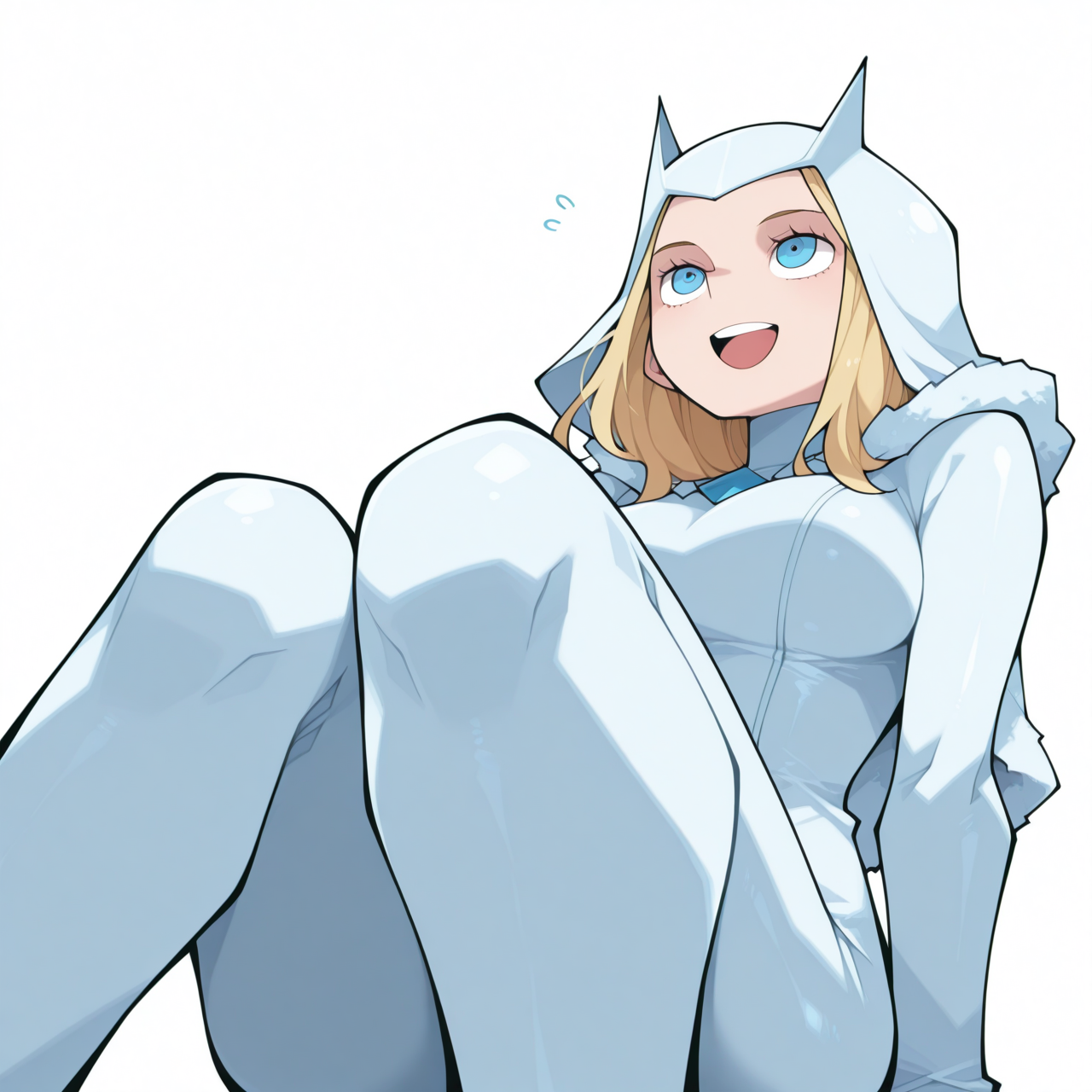 1girl, solo,
Emma Frost, Marvel, 
 simple background, white background, (from below :1.3) smile  playful  pose, (sitting , looking up ,
open mouth ,
 <lora:DarkfireStyle19:1.25>