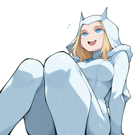 1girl, solo,
Emma Frost, Marvel, 
 simple background, white background, (from below :1.3) smile  playful  pose, (sitting , looking up ,
open mouth ,
 <lora:DarkfireStyle19:1.25>