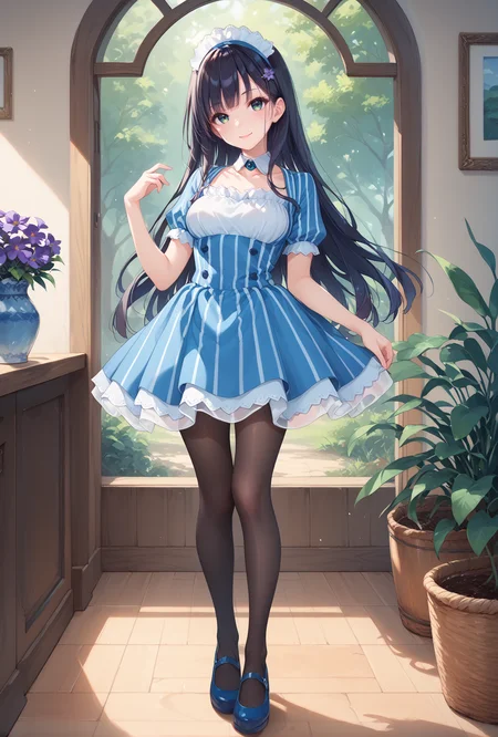 score_9, score_8_up, score_7_up, score_6_up, score_5_up, score_4_up,anime,full body,
ensemble style, sumire(ensemble),1girl,green eyes,black hair,long hair,purple flower hairpin,bangs,smile,
katoumaid, blue short dress,maid, maid headdress, puffy short sleeves, detached collar, frills, vertical stripes,
pantyhose,blue mary janes, <lora:SumireXLPony-000009:1>,<lora:katoumaidXLPony:1>