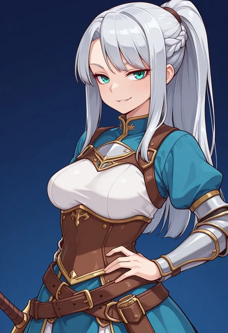 1girl,solo,cute,
isabel, medium breasts, slim waist, athletic build, fair skin, teal eyes, long hair,silver hair, ponytail, braided hair, side bangs, straight hair, thigh-length hair,white and blue outfit, layered dress, armored corset, sword belt, fantasy clothing, warrior outfit
smirk, confident expression, hand on hip, looking forward, assertive posture
looking at viewer,portrait
Simple blue background,(soft focus:1.3),
masterpiece, amazing quality, best quality, ultra-detailed, 8K, illustration, CG, shiny hair, clear skin, ultra-detailed-eyes, eyelashes, highly detailed,