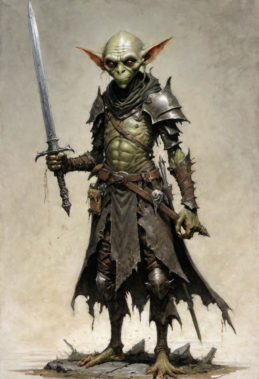 videogame art,  a long elf, goblin ghoul, holding a iron rusty sword,  wearing leather armor, plated armor, armor plating, by Jean-Baptiste Monge and Nicola Samori