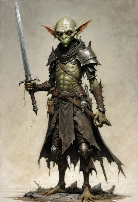 videogame art,  a long elf, goblin ghoul, holding a iron rusty sword,  wearing leather armor, plated armor, armor plating, by Jean-Baptiste Monge and Nicola Samori