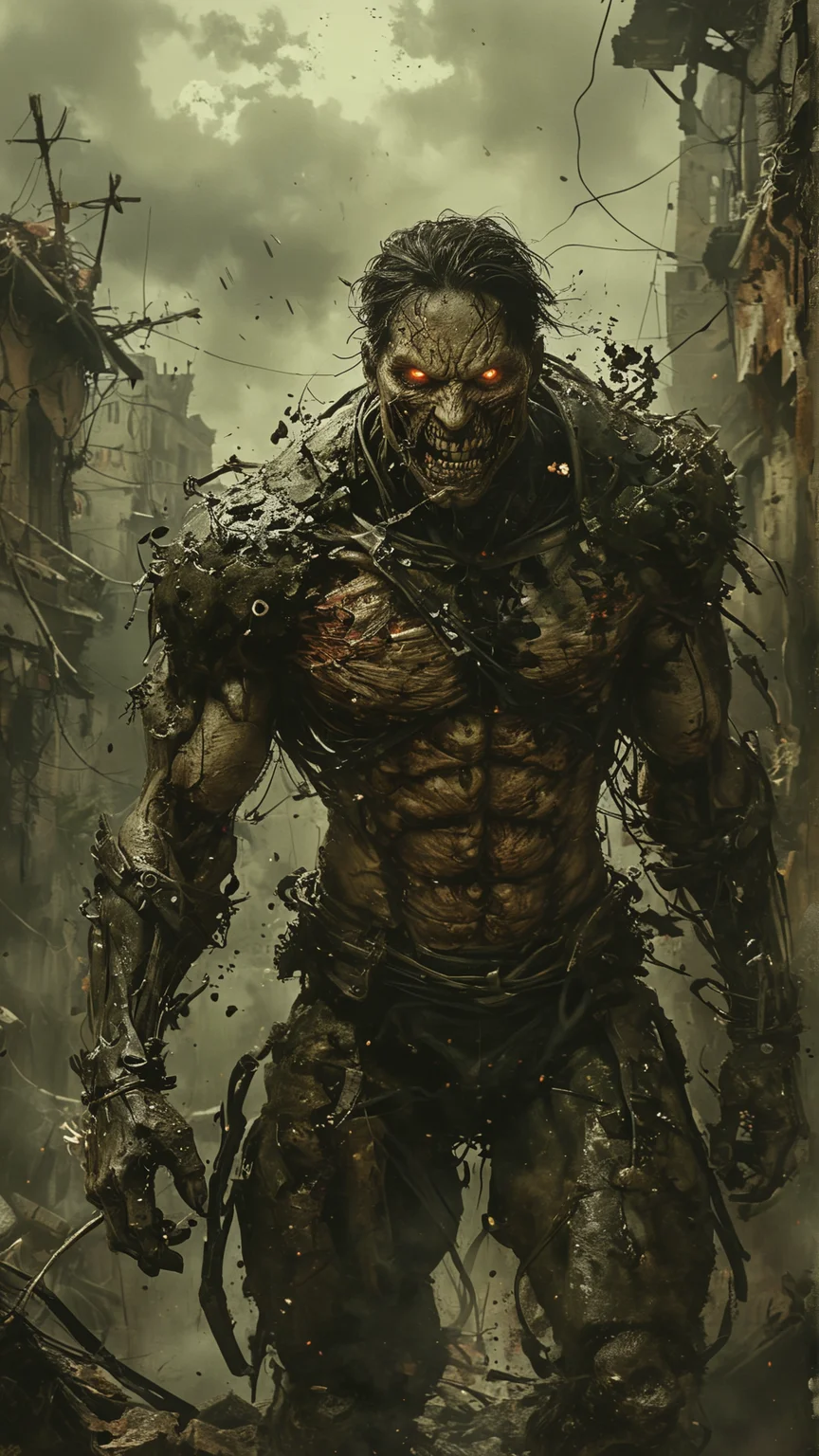 Dark fantasy style depiction of a Titan from Attack on Titan. The Titan is massive and menacing, with grotesque, distorted features and sinewy muscles exposed. Its skin is pale and taut, with dark veins visible underneath. The face is twisted into a horrifying grin, with sharp teeth and sunken, glowing eyes. The background is a ruined cityscape with crumbling buildings and debris, shrouded in dark clouds and mist. The overall atmosphere is ominous and foreboding, with an eerie sense of danger and chaos
<lora:add-detail-xl:2> <lora:MJ52:0.5> <lora:ink-style_A3.1_XL:0.66> (ink-style, ink_wash_painting)