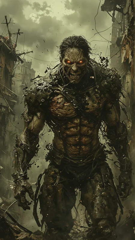 Dark fantasy style depiction of a Titan from Attack on Titan. The Titan is massive and menacing, with grotesque, distorted features and sinewy muscles exposed. Its skin is pale and taut, with dark veins visible underneath. The face is twisted into a horrifying grin, with sharp teeth and sunken, glowing eyes. The background is a ruined cityscape with crumbling buildings and debris, shrouded in dark clouds and mist. The overall atmosphere is ominous and foreboding, with an eerie sense of danger and chaos
<lora:add-detail-xl:2> <lora:MJ52:0.5> <lora:ink-style_A3.1_XL:0.66> (ink-style, ink_wash_painting)