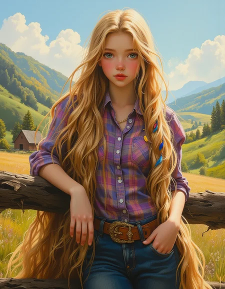 masterpiece, high quality, Oil Painting, Hyper-realistic, hyper-detailed oil painting of young teen Rapunzel, the classic fairy tale character, reimagined as a cowgirl. She should be wearing a stylish cowgirl outfit, including a plaid shirt, denim jeans, a leather belt with a large buckle, and cowboy boots. Her 70 foot long, golden hair is intricately braided and adorned with small, colorful beads and feathers. She has a confident and relaxed expression on her face as she leans casually on a rustic wooden fence. She has a petite body, white skin, and enchanting blue eyes. The backdrop is a picturesque countryside scene, with rolling green hills, a clear blue sky, and a distant barn. The sunlight casts a warm, golden glow over the entire scene, highlighting Rapunzel's hair and the vibrant colors of her outfit.
Focus on the girl, shadow and light, Masterpiece, intricate lines, intriguing atmosphere, sharp magnificent details, delicate features, elaborate details, (2\3 rule composition:0.5), ultra detailed, romantic, Rembrandt lighting, brush stroke, lovely, del1cate_balance style, novuschroma, in the style of Rembrandt. vantablack <lora:style_of_Rembrandt_FLUX_135:.8> <lora:- Flux1 - vanta_black_V2.0:.3> <lora:Delicate_Balance:.3> <lora:neeeg_f1:-1> <lora:113_novuschromaFLX_1:.2> <lora:Midjourney_Whisper_Minimal:.3> <lora:zavy-disney-rapunzel-fxl:.4>