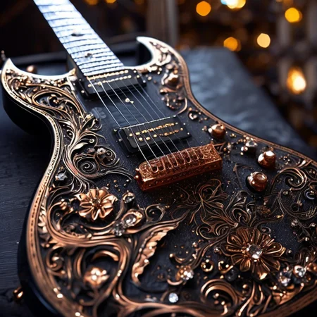 RAW photo of a very detailed guitar with whimsical elements, magical landscape, fantasy style, black and gold colors, big white diamonds on the guitar, dusty black theme, intricate details, ultra sharp, exquisite detail, flawless composition, vivid colors, masterpiece, exciting background,  timeless elegant and Exquisite Copper Ornaments