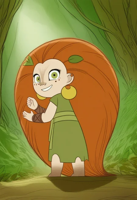 (zPDXL3), full body, solo, 1girl, best quality, 1girl, solo, mebh_human, green eyes, long hair, orange hair, earrings, barefoot, earrings, jewelry, leaf, freckles, muddy feet, looking at viewer, from behind, smile, dynamic pose, outdoors, forest, dynamic angle