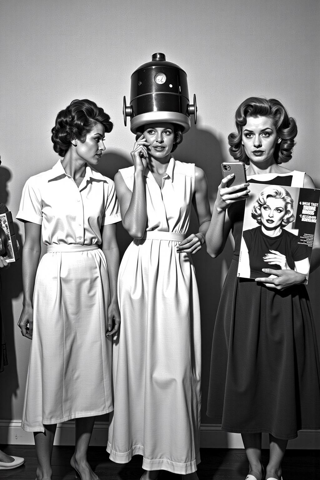 A black and white monochromatic photograph of a woman in a white dress stands in front of two mannequins. The woman is wearing a vintage hair dryer over her head. The mannequin on the right is holding a magazine with a picture of a blonde woman on it. The woman on the left is holding her hand up to her face, while the woman on her right is looking at her phone. In the background, another woman is standing, her shadow is cast on the wall behind her. <lora:vintage_hair_dryer_v1:1.0> <lora:Flux-Sch-SingleBlocks-BF16:1.0><lora:803884665388746925:0>