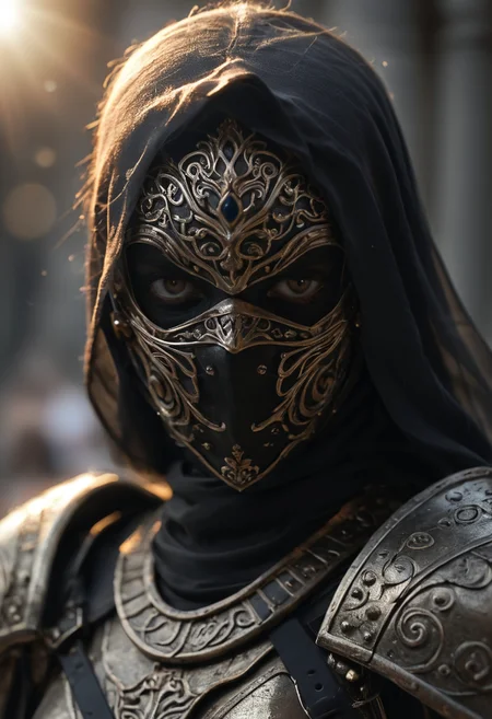1girl, arabic,  masked face, armor, (sword in hand:1.2)
rim light, dramatic, intricite
dramatic light, shadows, depth of field, chromatic aberration, bokeh