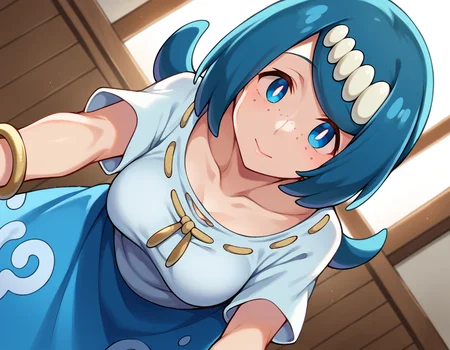 score_9, score_8_up, score_7_up, source_anime,
pokemonmotherlana, <lora:pokemon-mother-lana-ponyxl-lora-nochekaiser:1>
pokemonmotherlana, blue eyes, blue hair, freckles, hair ornament, long hair, swept bangs, bright pupils,
blouse, blue skirt, bracelet, collarbone, dress, jewelry, long skirt, shirt, short sleeves, skirt, white shirt,
indoors, bent over,
looking at viewer, cowboy shot, dutch angle,