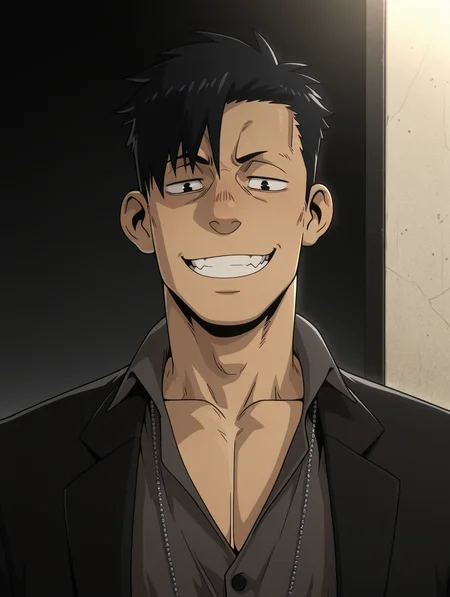 masterpiece, best quality, amazing quality, Nicolas Brown, jewelry, collarbone, male focus, formal, look at viewer, suit, black hair, grin, solo.bara, male focus, 1 boy