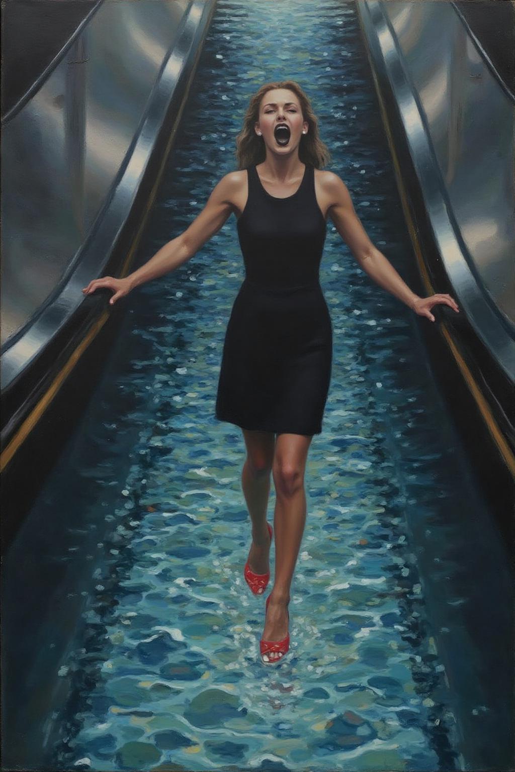 hansandersenbrendekilde1 painting.
a woman in a chic little black dress and vibrant red high heels, gracefully descending an escalator. She wears black lipstick and is screaming. Her attire exudes elegance and sophistication, with the red heels providing a bold pop of color against the classic black dress. The escalator itself, typically found in a mall or airport, leads downwards into an unexpected and dreamlike destination -- pool of rippling water. The water is blue and ripples as the escalator's steps disappear beneath the surface.
 <lora:hansandersenbrendekilde1_cap_d8a4e11:1.0><lora:855180785861268443:0>