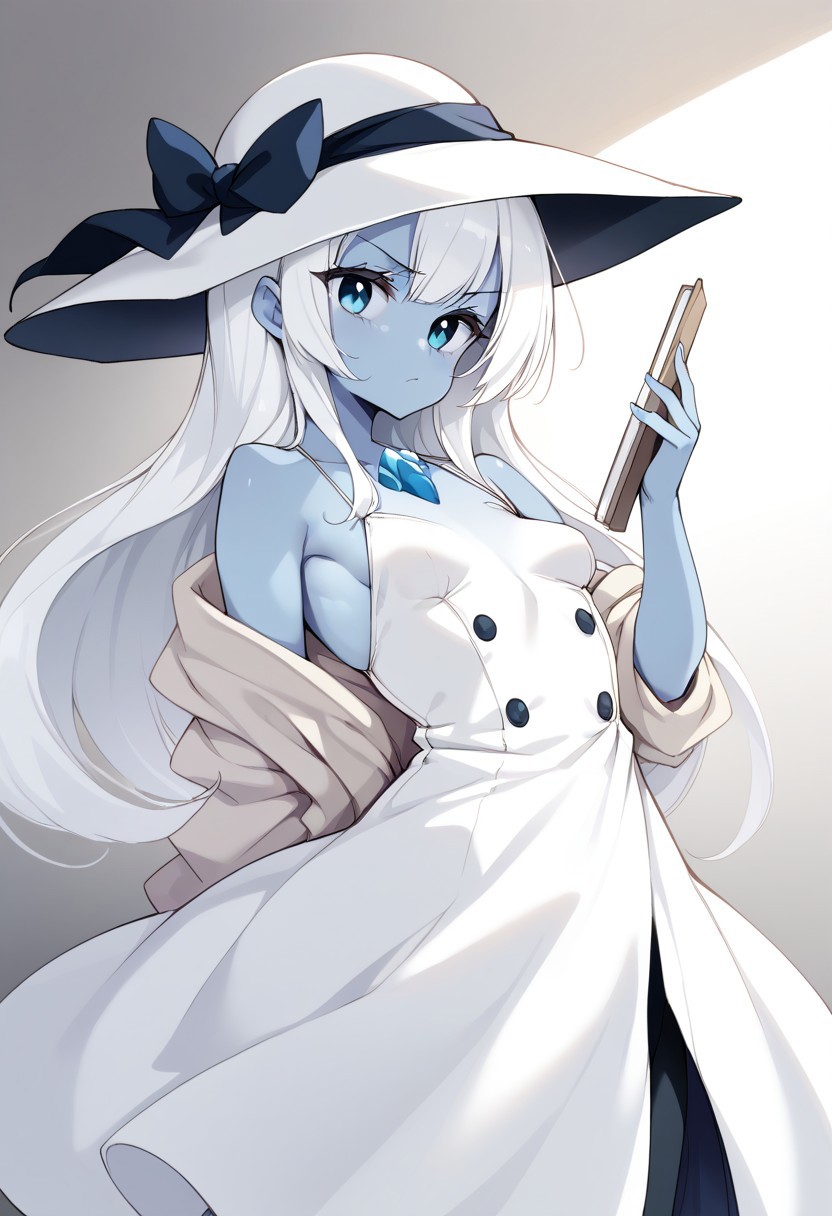 score_9, score_8_up, score_7_up, score_6_up, blue_skin:1.2, white_hair, straight_hair, small_breasts, slim, sun_hat, white_dress, serious_expression, clipboard, ice_crystals, professional_pose, focused_gaze