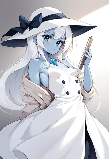 score_9, score_8_up, score_7_up, score_6_up, blue_skin:1.2, white_hair, straight_hair, small_breasts, slim, sun_hat, white_dress, serious_expression, clipboard, ice_crystals, professional_pose, focused_gaze