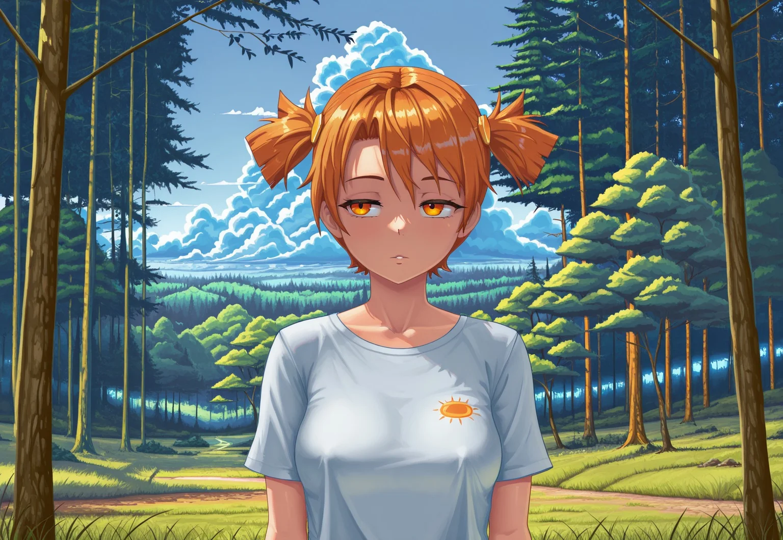 masterpiece, ESBG, 

outdoors, scenery, tree, sky, day, cloud, grass, blue sky, nature, big clouds, lush clouds, forest, morning,

dv, orange hair, orange eyes, short twintails, hair ornament, 1 girl, solo