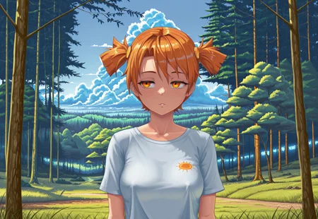 masterpiece, ESBG, 

outdoors, scenery, tree, sky, day, cloud, grass, blue sky, nature, big clouds, lush clouds, forest, morning,

dv, orange hair, orange eyes, short twintails, hair ornament, 1 girl, solo