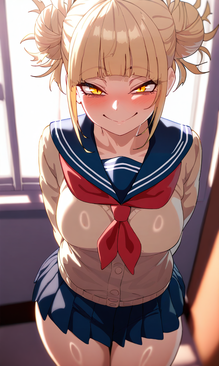 masterpiece, best quality, high resolution, absurdres, solo, 1girl, theobrobine, Toga_Himiko, yellow_eyes, blonde_hair, double_bun, slit_pupils, messy_hair, medium_hair, sidelocks, medium_breasts, brown_cardigan, blue_sailor_collar, school_uniform, red_neckerchief, blue_skirt, miniskirt, indoors, school, looking_at_viewer, smile, arms_behind_back